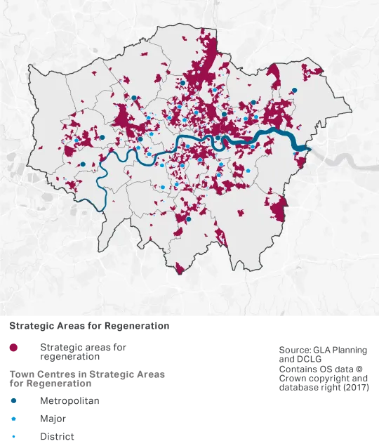 A map showing the strategic areas of regeneration in London.