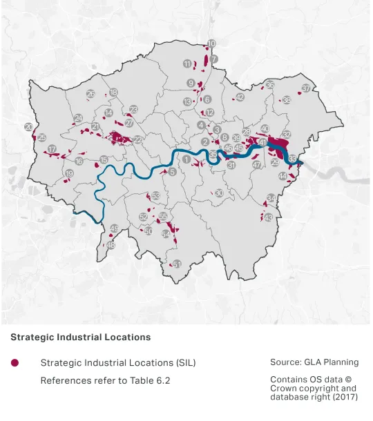 A map of London's Strategic Industrial Locations, which are listed in Table 6.2. The map shows that there are significant areas in East London along the River Thames and in North West London.