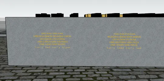 Computer-generated side close up view of a gold text in different languages on a large grey block. Black blocks sit on top of the large grey block.