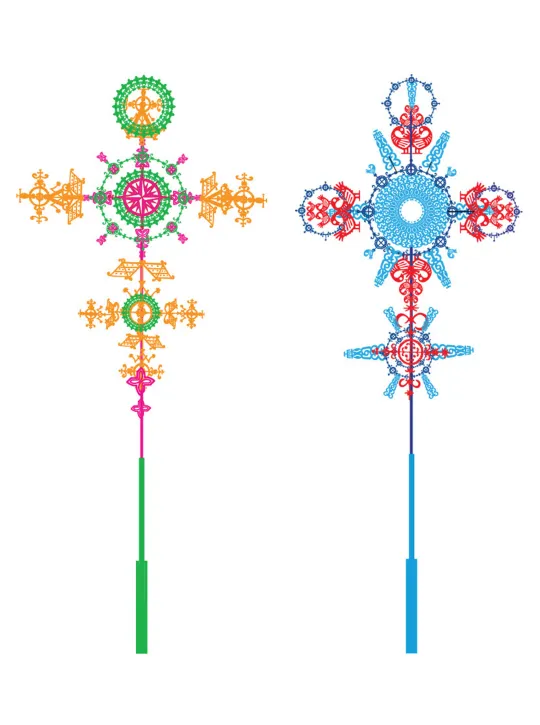 A computer generated image of two brightly coloured, decorative weather vanes.