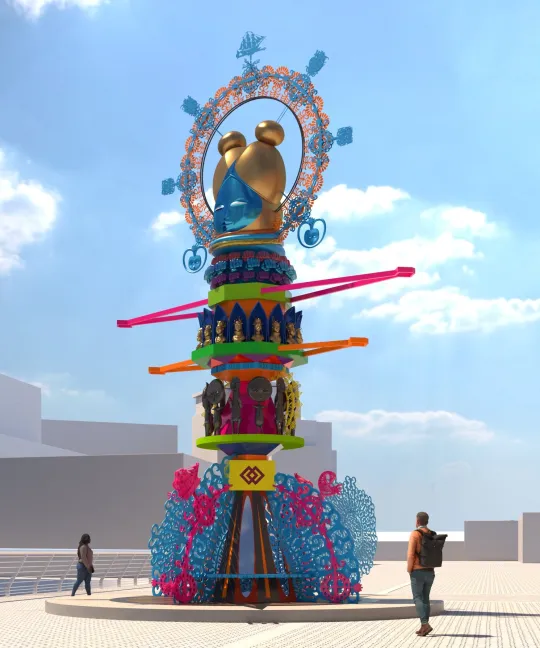 A computer generated image of a tall, assemblage of colourful and decorative elements, build into a tower or totem, that has overall sense of a female figure, set in street with hand rails in the background.