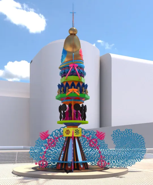 A computer generated left-hand view of a tall, assemblage of colourful and decorative elements, build into a tower or totem, that has overall sense of a female figure, set in street with hand rails in the background.