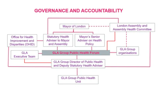 The governance structure for the GLA Group Public Health Forum shows reporting lines to the Mayor via the co-chairs and reporting lines to the London Assembly and to OHID London.