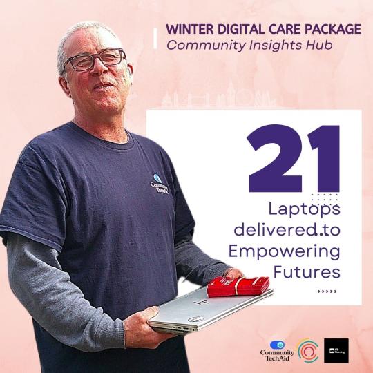 A poster with a man holding a laptop and a title that reads 'Winter Digital Care Package, Community Insights Hub' and text that reads '21 Laptops delivered to Empowering Futures'