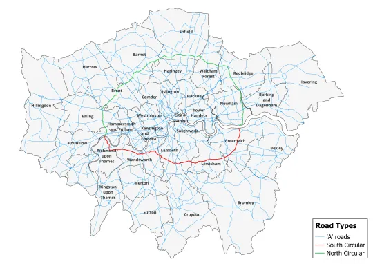 A map showing A-roads in London