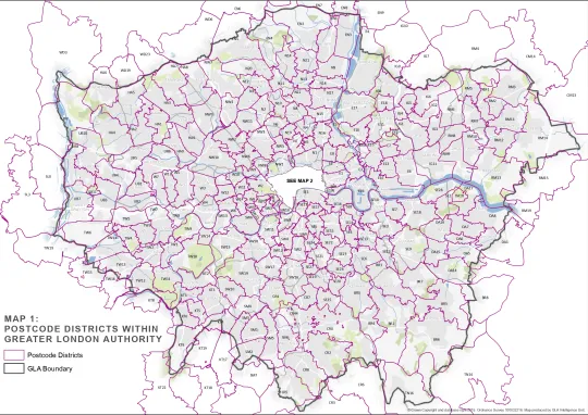 Map of London showing postcodes covered by Skills Bootcamps