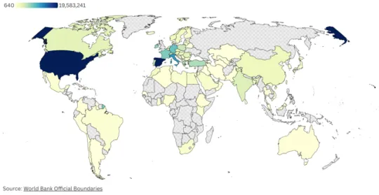 Map showing international air passenger traffic to and from London's airports in 2024
