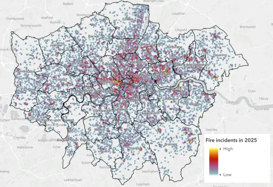 Heatmap of London showing fire incidents attended by LFB in 2025.