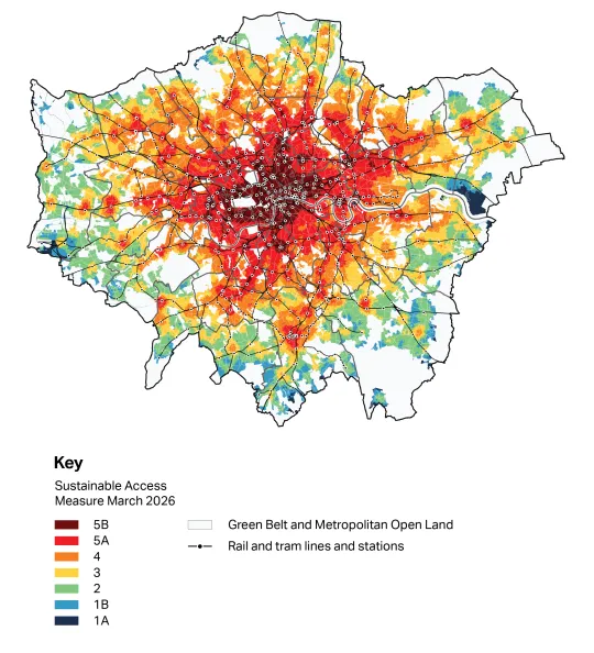 Map of Greater London split by the Sustainable Access Measure on on a scale of 1 (least well connected) to 5 (best connected) 