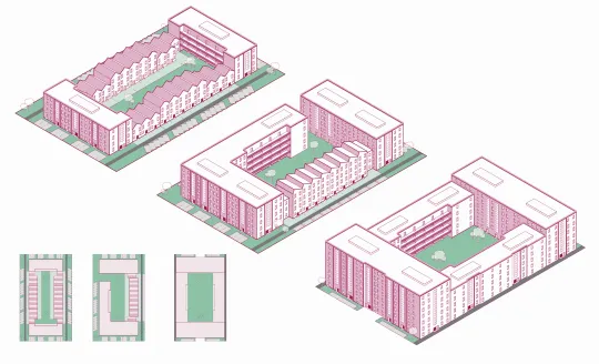 Three massing scenarios for the same site showing how site coverage can change at different levels of public transport accessibility
