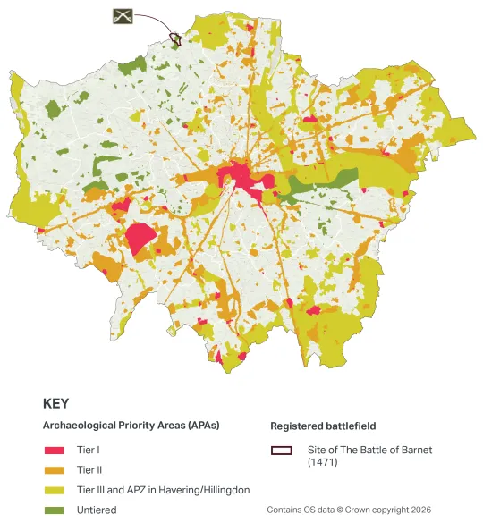Map of Greater London showing the Archaeological Priority Areas (APAs) and Registered Battlefield