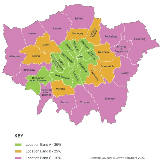 Map of Greater London showing the three locational bands that each have a different percentage threshold to fast track