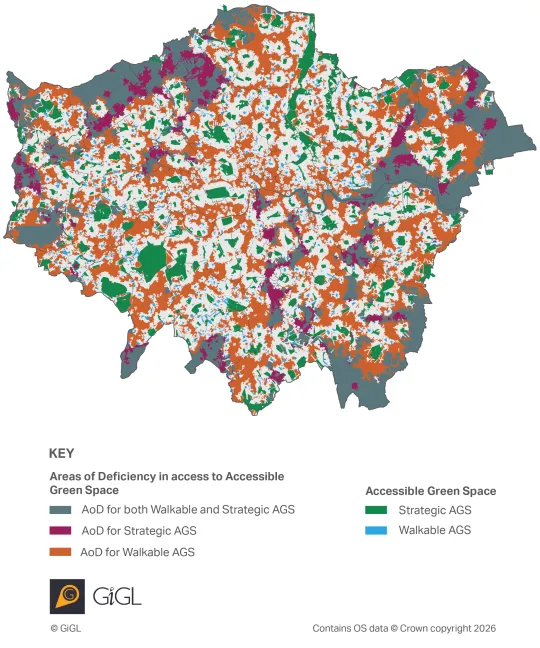 Diagram illustrating areas of deficiency in respect of accessible green space