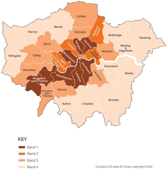 London boroughs grouped into four bands where different cycle parking standards apply