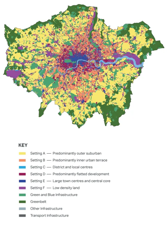 Map of Greater London split by the context setting of different areas.