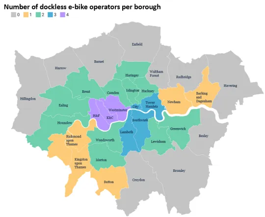Number of dockless e-bike operators per borough