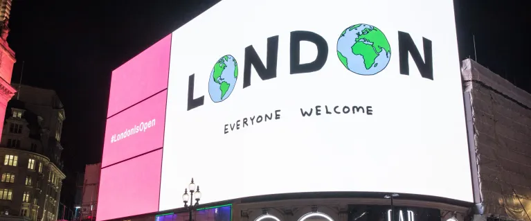 London Is Open screen at Piccadilly Circus
