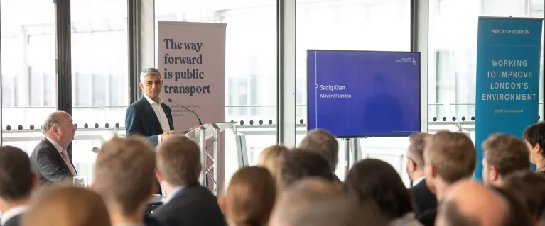 Mayor of London Sadiq Khan delivering speech at Zero Emission Bus Summit