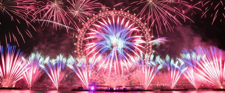 New Year's Eve fireworks display in front of the London Eye.