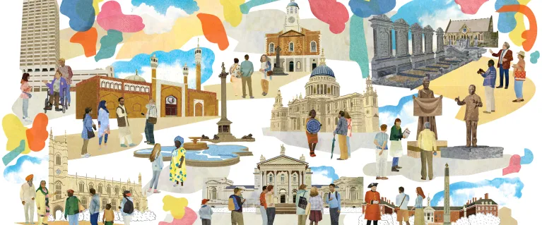 Colourful representation of different monuments in London and diverse communities