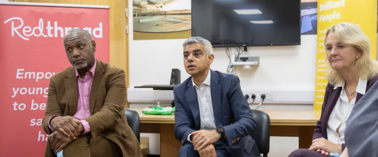 Mayor of London, Martin griffiths and Lib Peck sitting in a group discussion.