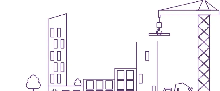 Graphic of four buildings next to a truck and crane.