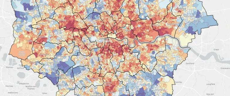 A map of London showing exposure and vulnerability to climate change risks such as flooding and overheating 