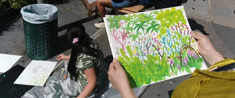 Painting Khadija’s Garden workshop with Sarah Pickstone at PEER, August 2021.