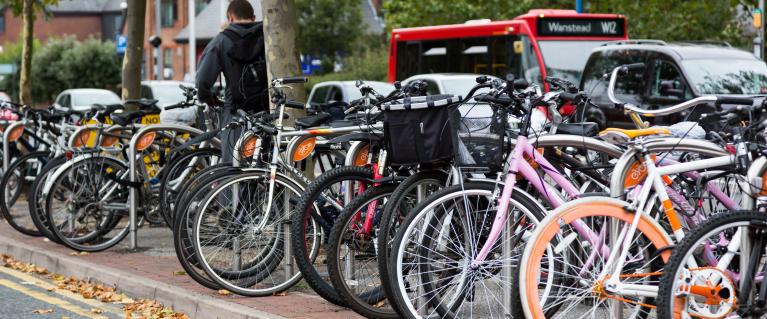 bicycles in a row locked up 