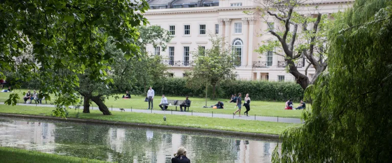 Person sitting on bank of river that runs through green park with trees