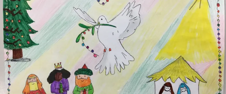 A colourful drawing of a Christmas tree, the 3 Magi, a white dove and Joseph, Mary and the baby Jesus under a yellow star