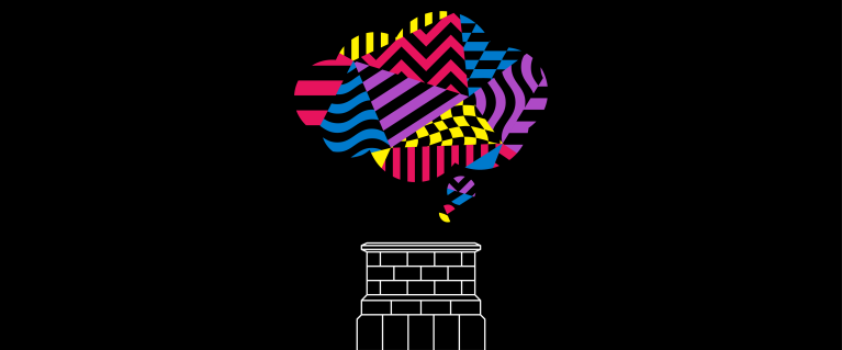 White outline of a plinth on a black background, with a multi-coloured cloud suspended above