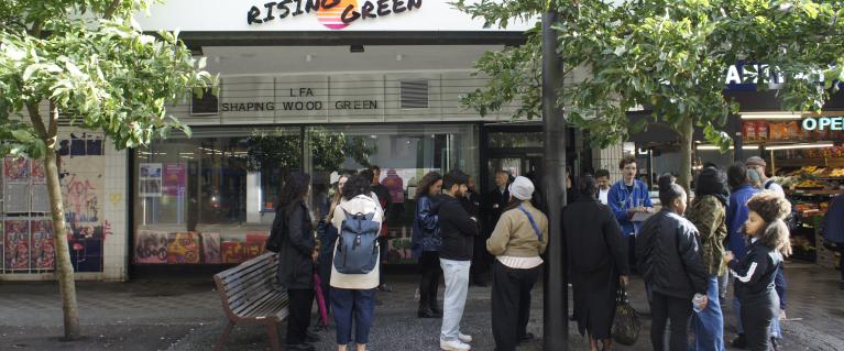 People gathered on the high street outside the opening of Rising Green youth hub in Haringey