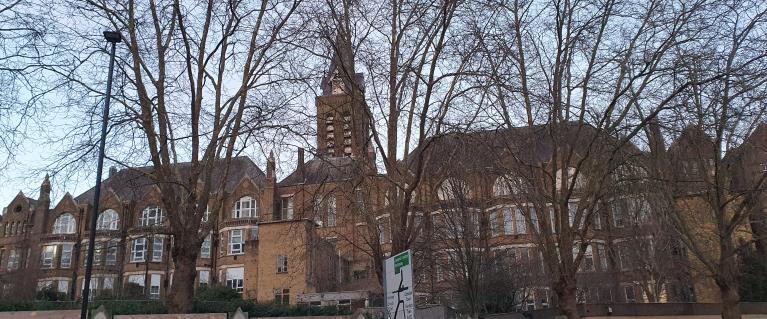 View of the former Whittington Hospital buildings on Highgate Hill