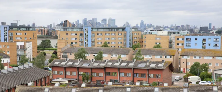 Skyline of houses and flats at Thamesmead Waterfront