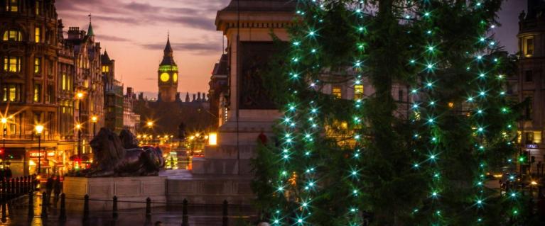 Christmas tree in Trafalgar Square at twilight