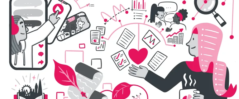A series of images of women emphasise the importance of information and connection. One speaks on a phone with a headset surrounded by messages. One holds a cup of tea as she looks at information sheets. Two women talk to each other surrounded by speech bubbles.