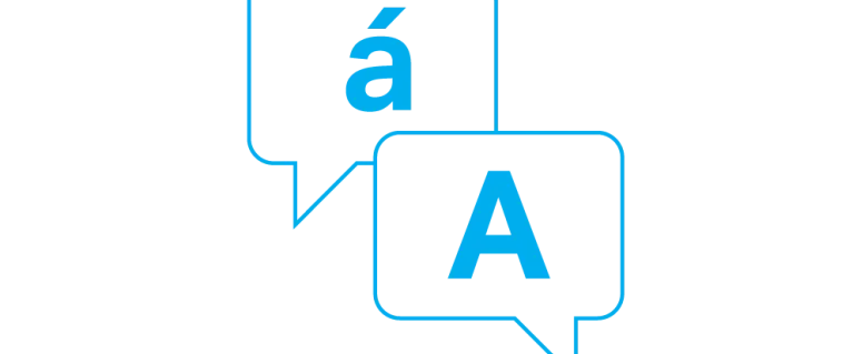 Infographic of speech bubbles with letter 'A' and 'á' in blue