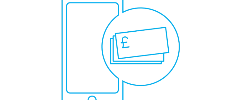 Infographic of a phone and money in blue