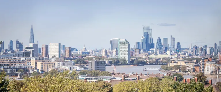 View of the City of London from behind some trees.