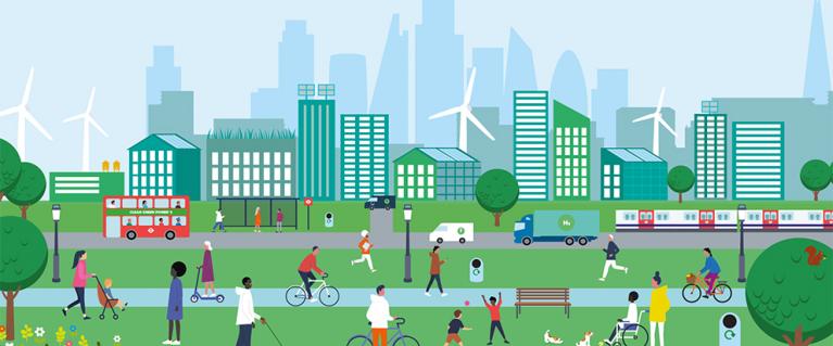 A cityscape scene, which includes children playing, green roofs, solar panels and wind turbines. People are using green forms of transport including cycles and electric buses.