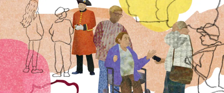 Illustration of person pushing another person in wheelchair and Yeoman Guard in the background