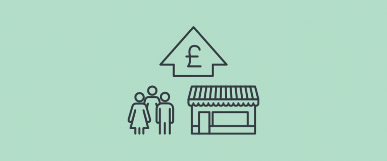 icon of a pound sign in an upwards pointing arrow, a group of people and a shop