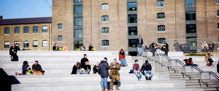 People gathered outside on steps