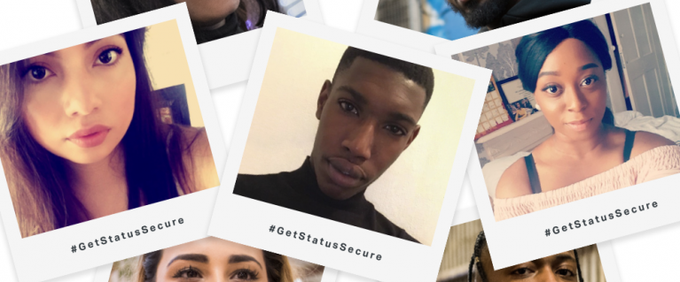 Young people in polaroid pictures with the hashtag GetSecure.