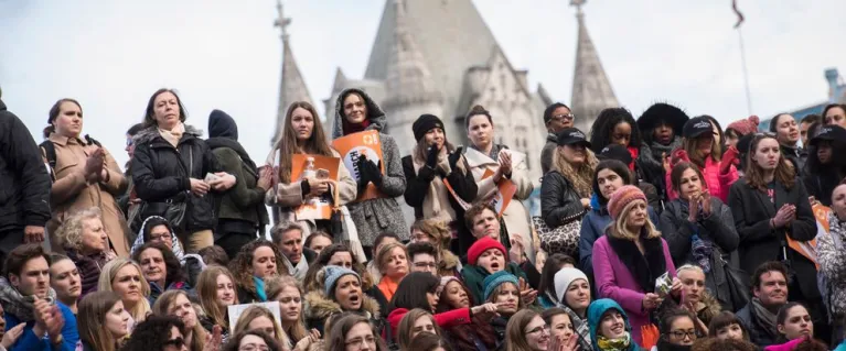 A large group of Women on a march for Women's rights.