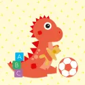 Drawing of a little dragon playing with toys