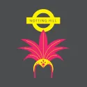 Drawing of Notting Hill station underground sign and carnival headpiece