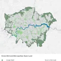 A map showing London's Green Belt on the outskirts of London, with a considerable area in South East London in the London Borough of Bromley. The map also shows London's Metropolitan Open Land , which is located across London, with large areas in West and South West London.