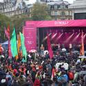 Main stage for Diwali on the Square, with crowd in front of it.